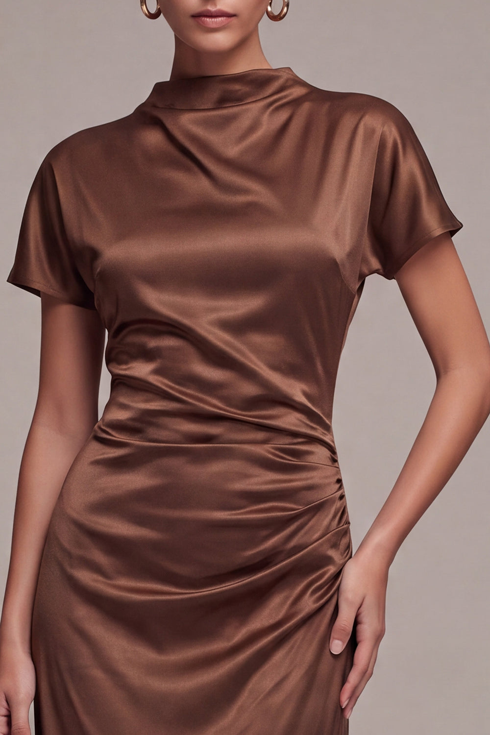 Coffee Satin Mermaid Ruched Long Formal Dress with Sleeves