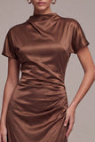 Coffee Satin Mermaid Ruched Long Formal Dress with Sleeves
