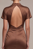 Coffee Satin Mermaid Ruched Long Formal Dress with Sleeves