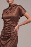 Coffee Satin Mermaid Ruched Long Formal Dress with Sleeves