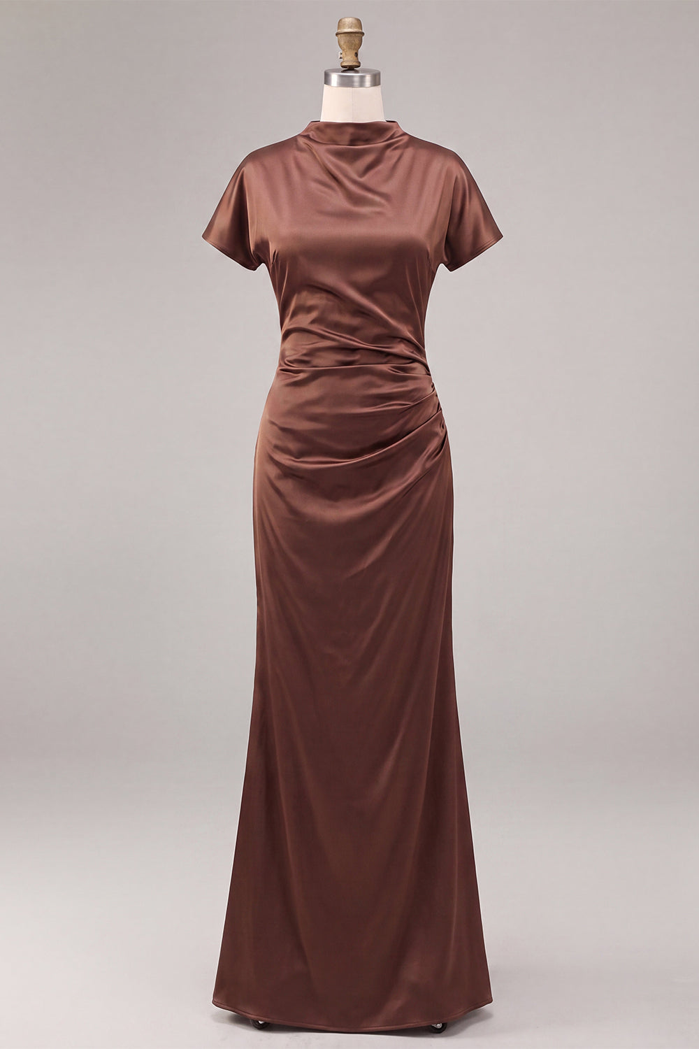 Coffee Satin Mermaid Ruched Long Formal Dress with Sleeves