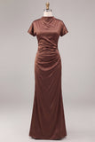 Coffee Satin Mermaid Ruched Long Formal Dress with Sleeves