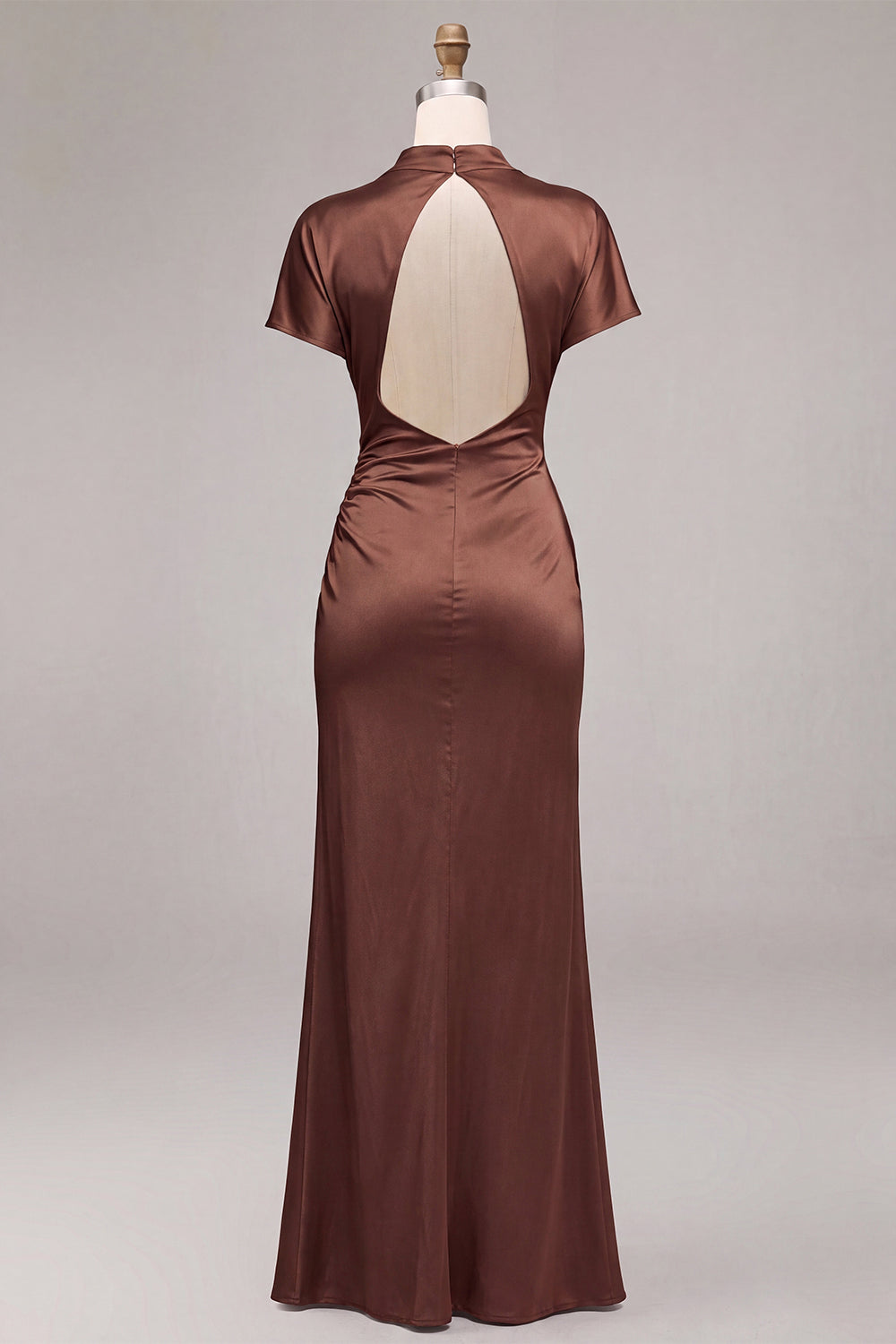 Coffee Satin Mermaid Ruched Long Formal Dress with Sleeves