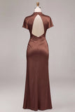 Coffee Satin Mermaid Ruched Long Formal Dress with Sleeves