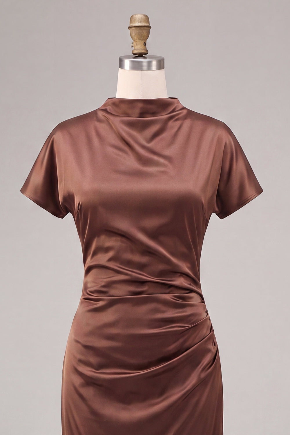 Coffee Satin Mermaid Ruched Long Formal Dress with Sleeves