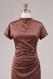 Coffee Satin Mermaid Ruched Long Formal Dress with Sleeves
