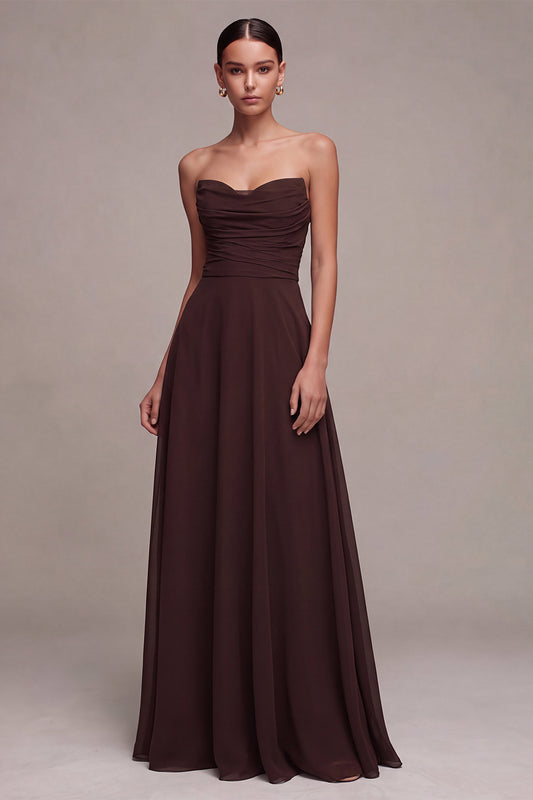 Dark Coffee A Line Strapless Ruched Long Formal Dress