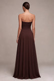 Dark Coffee A Line Strapless Ruched Long Formal Dress