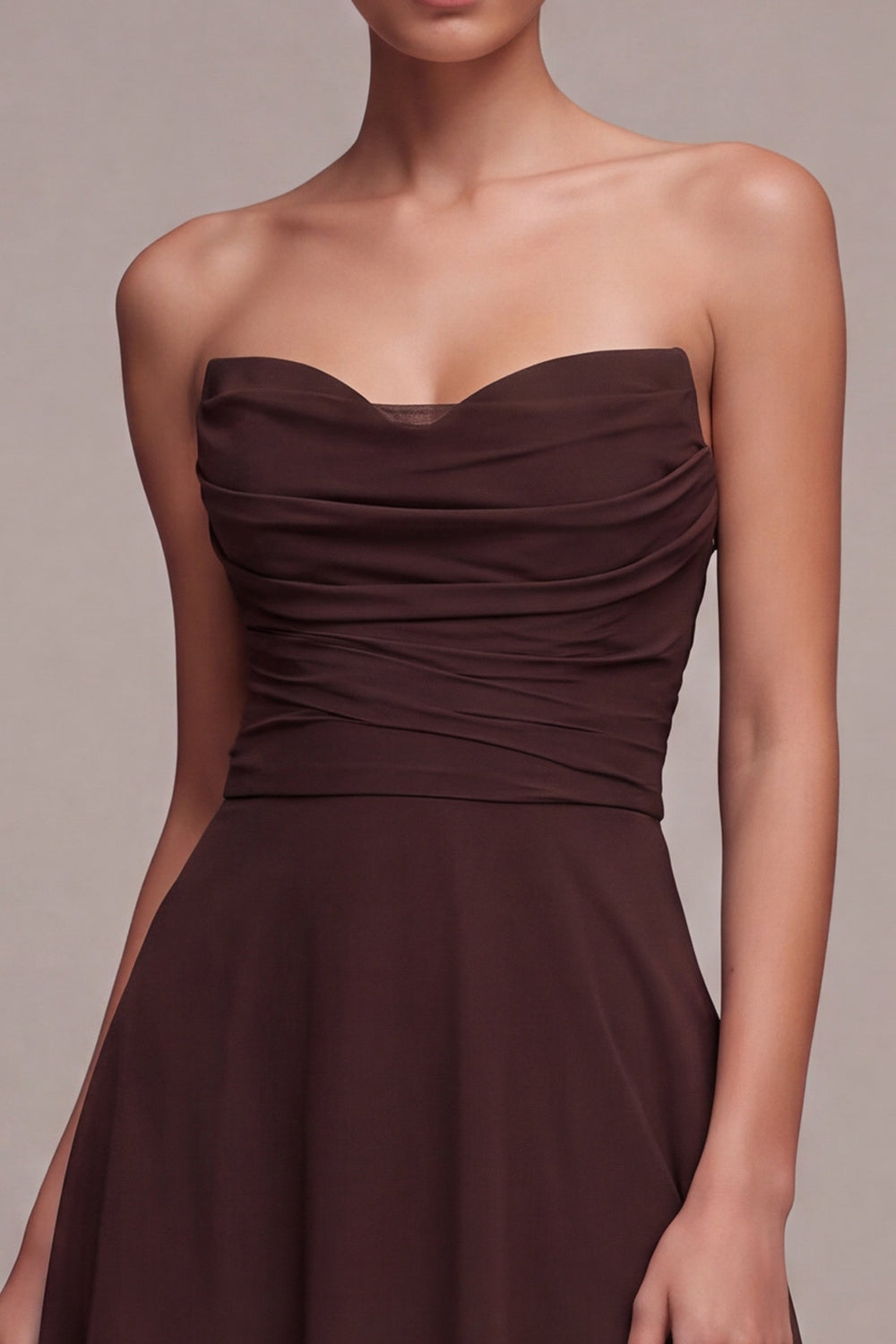 Dark Coffee A Line Strapless Ruched Long Formal Dress