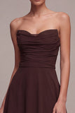 Dark Coffee A Line Strapless Ruched Long Formal Dress