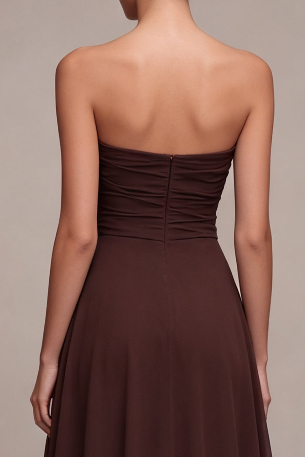 Dark Coffee A Line Strapless Ruched Long Formal Dress