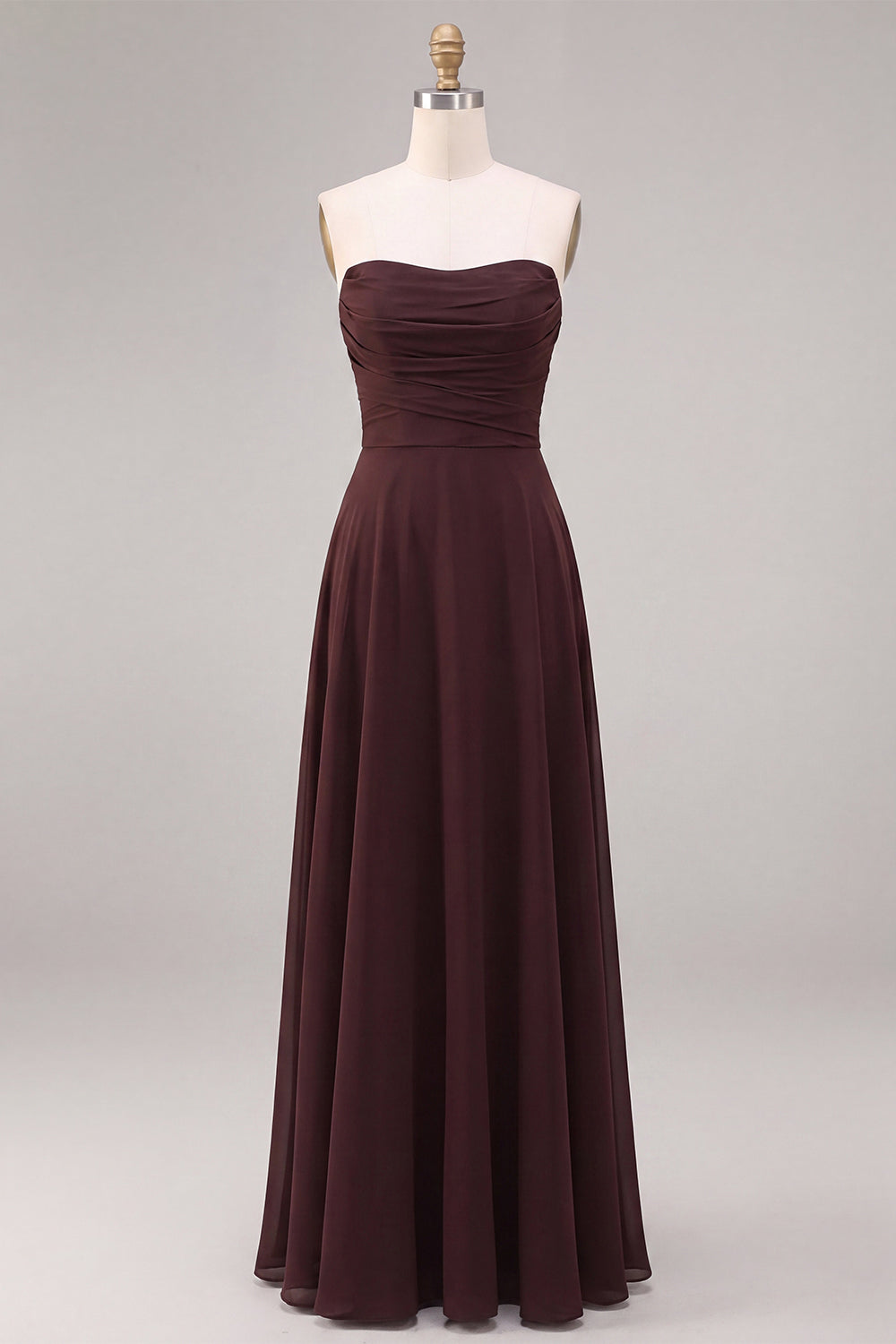 Dark Coffee A Line Strapless Ruched Long Formal Dress