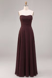Dark Coffee A Line Strapless Ruched Long Formal Dress