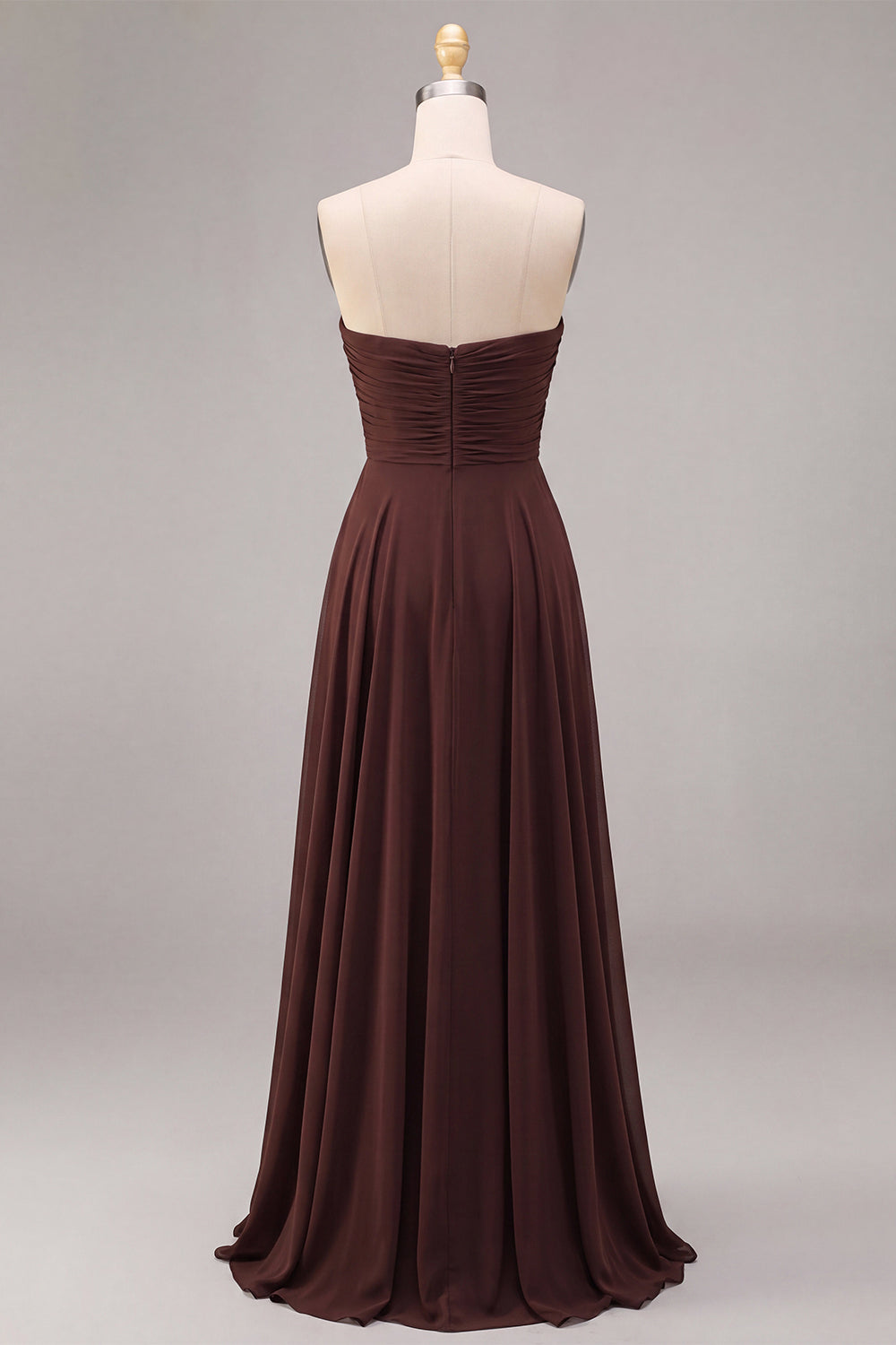 Dark Coffee A Line Strapless Ruched Long Formal Dress