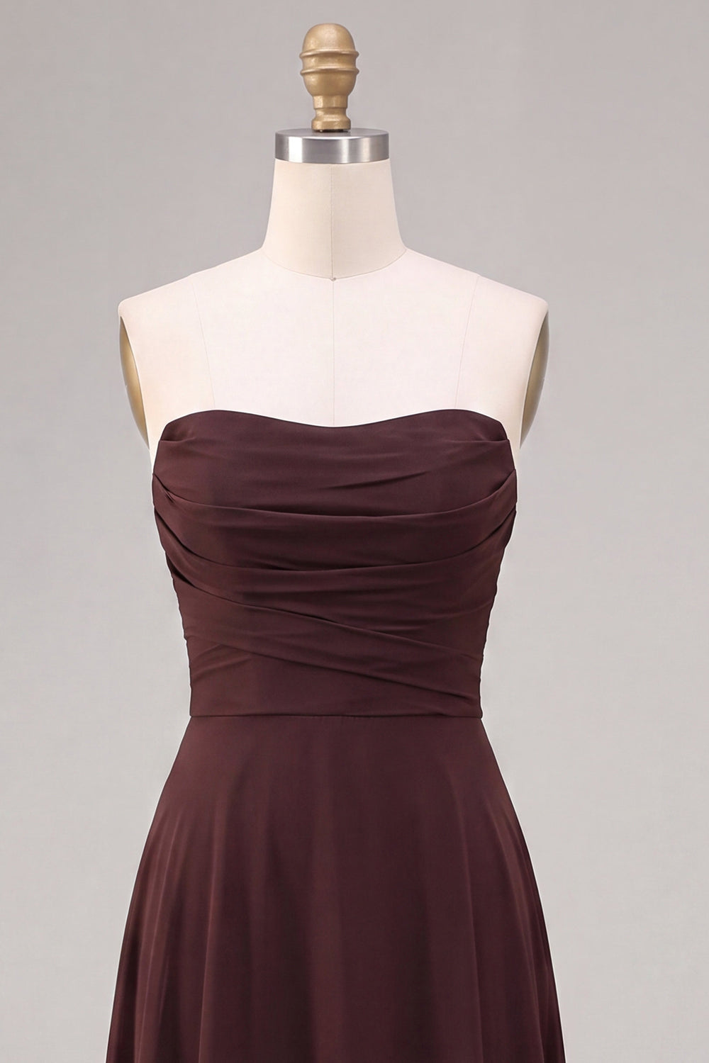 Dark Coffee A Line Strapless Ruched Long Formal Dress