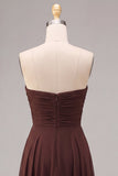 Dark Coffee A Line Strapless Ruched Long Formal Dress
