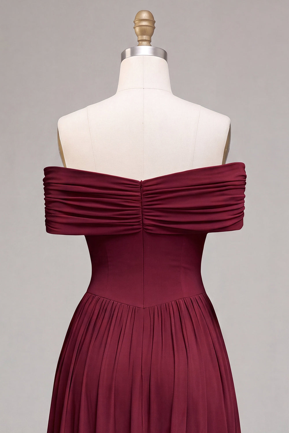 Burgundy A Line Off The Shoulder Pleated Long Formal Dress