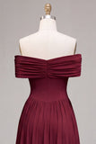 Burgundy A Line Off The Shoulder Pleated Long Formal Dress