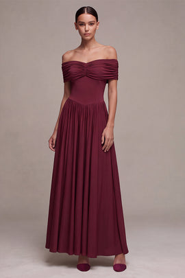 Burgundy A Line Off The Shoulder Pleated Long Formal Dress