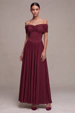 Burgundy A Line Off The Shoulder Pleated Long Formal Dress