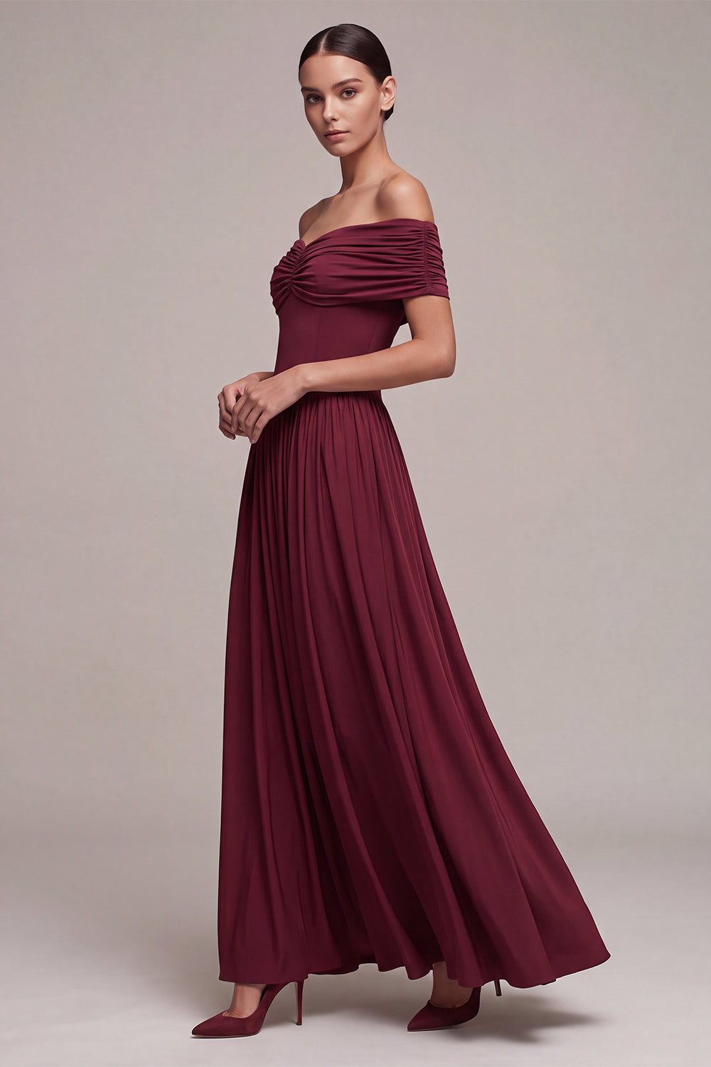 Burgundy A Line Off The Shoulder Pleated Long Formal Dress