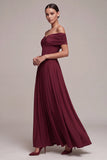 Burgundy A Line Off The Shoulder Pleated Long Formal Dress