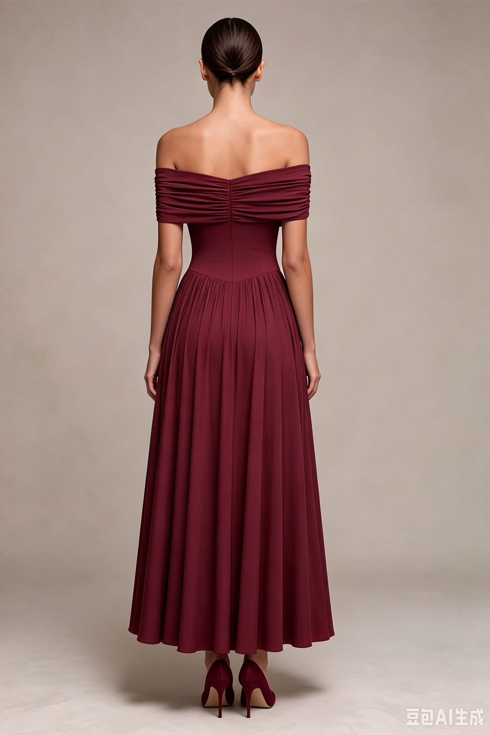 Burgundy A Line Off The Shoulder Pleated Long Formal Dress