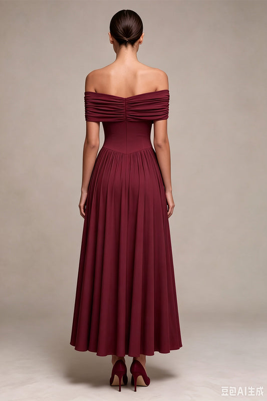 Burgundy A Line Off The Shoulder Pleated Long Formal Dress