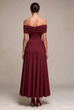 Burgundy A Line Off The Shoulder Pleated Long Formal Dress