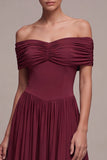 Burgundy A Line Off The Shoulder Pleated Long Formal Dress