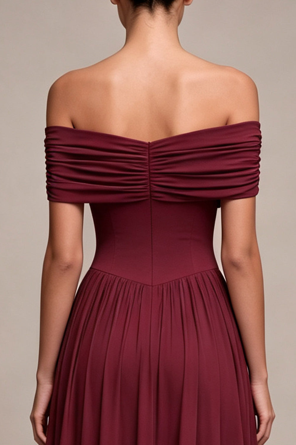 Burgundy A Line Off The Shoulder Pleated Long Formal Dress