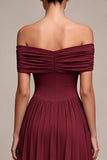 Burgundy A Line Off The Shoulder Pleated Long Formal Dress
