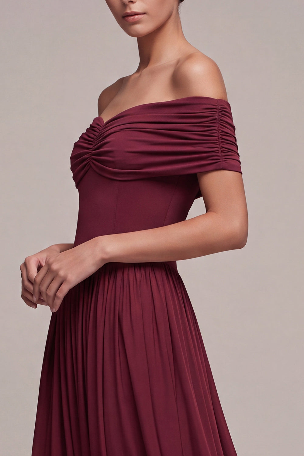 Burgundy A Line Off The Shoulder Pleated Long Formal Dress