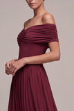 Burgundy A Line Off The Shoulder Pleated Long Formal Dress