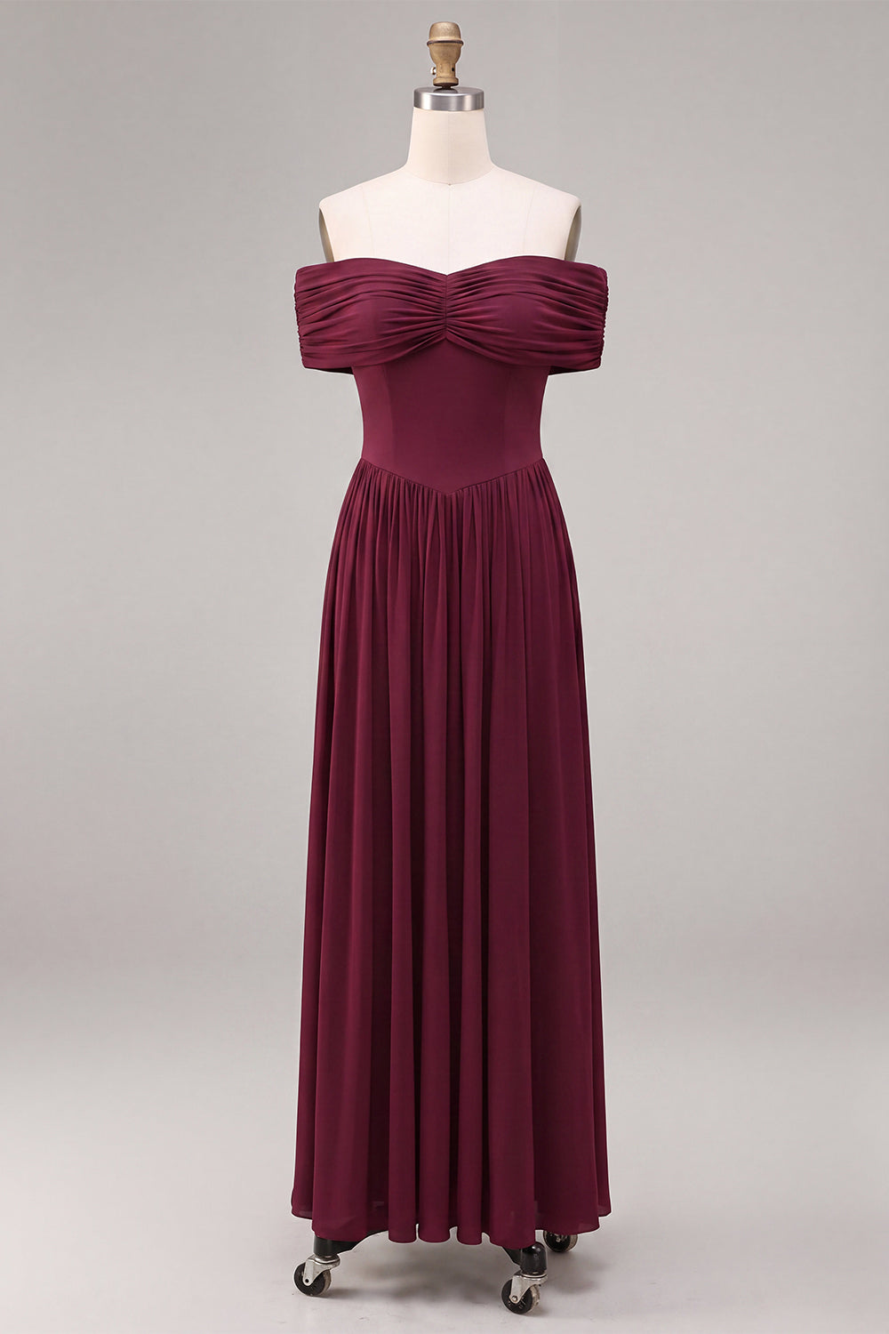 Burgundy A Line Off The Shoulder Pleated Long Formal Dress