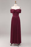 Burgundy A Line Off The Shoulder Pleated Long Formal Dress