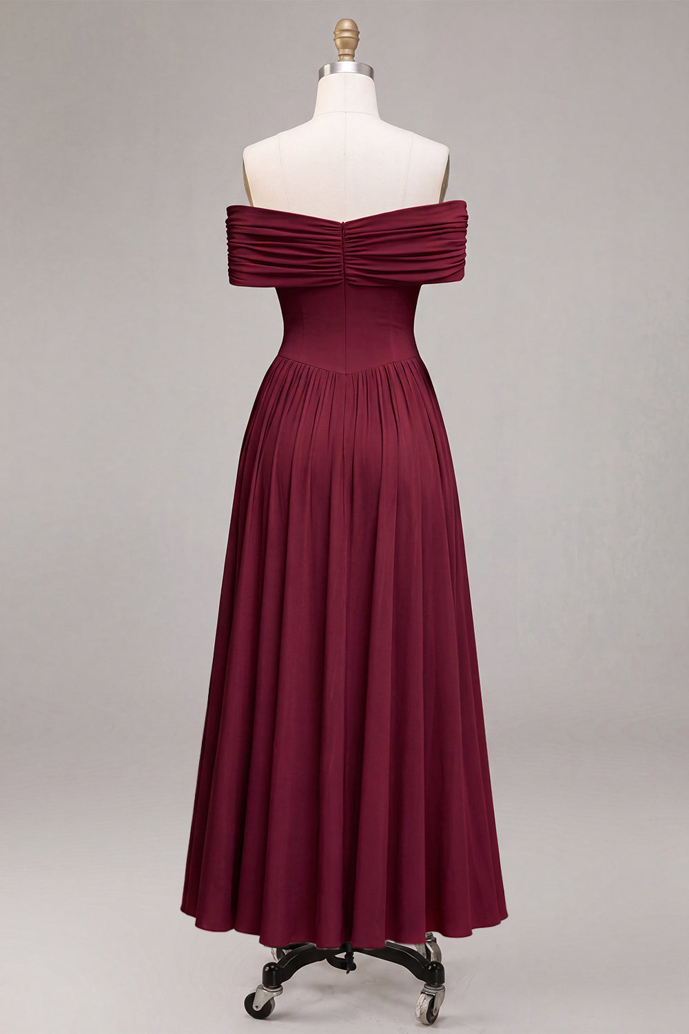 Burgundy A Line Off The Shoulder Pleated Long Formal Dress