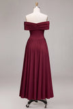 Burgundy A Line Off The Shoulder Pleated Long Formal Dress