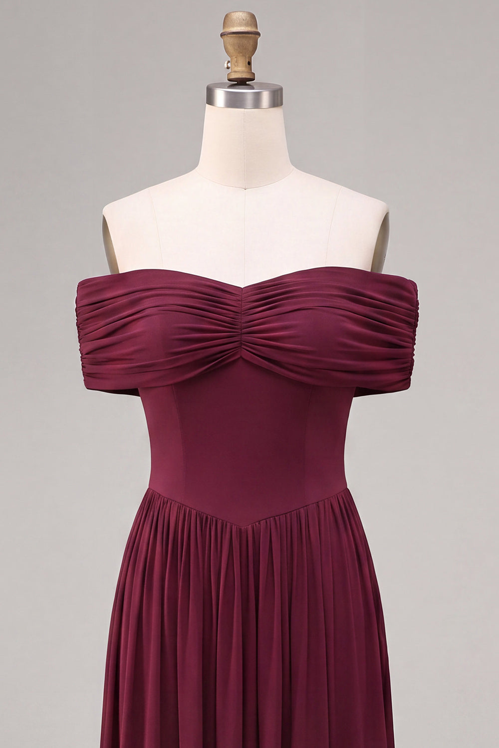 Burgundy A Line Off The Shoulder Pleated Long Formal Dress