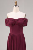 Burgundy A Line Off The Shoulder Pleated Long Formal Dress