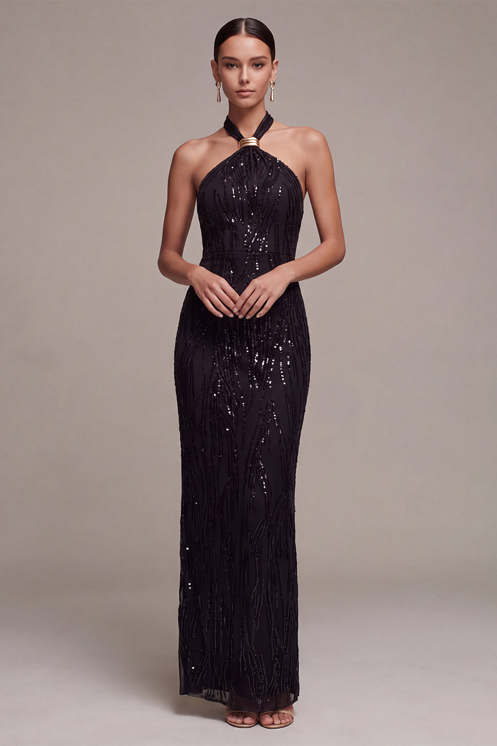 Black Mermaid Sparkly Sequin Halter Long Formal Dress