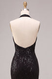 Black Mermaid Sparkly Sequin Halter Long Formal Dress