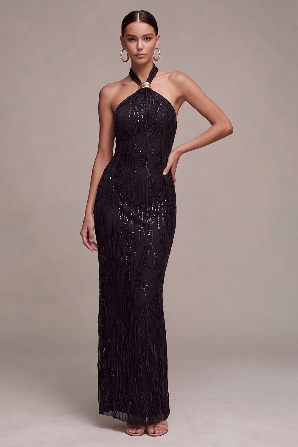 Black Mermaid Sparkly Sequin Halter Long Formal Dress
