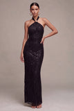 Black Mermaid Sparkly Sequin Halter Long Formal Dress