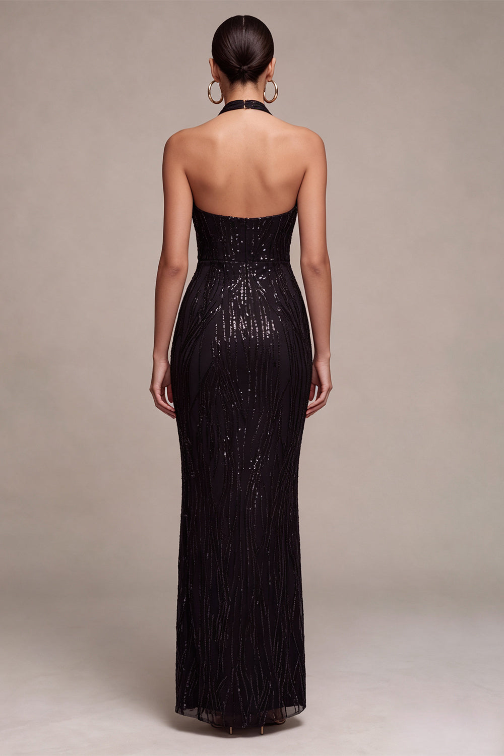 Black Mermaid Sparkly Sequin Halter Long Formal Dress