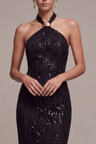 Black Mermaid Sparkly Sequin Halter Long Formal Dress
