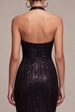 Black Mermaid Sparkly Sequin Halter Long Formal Dress