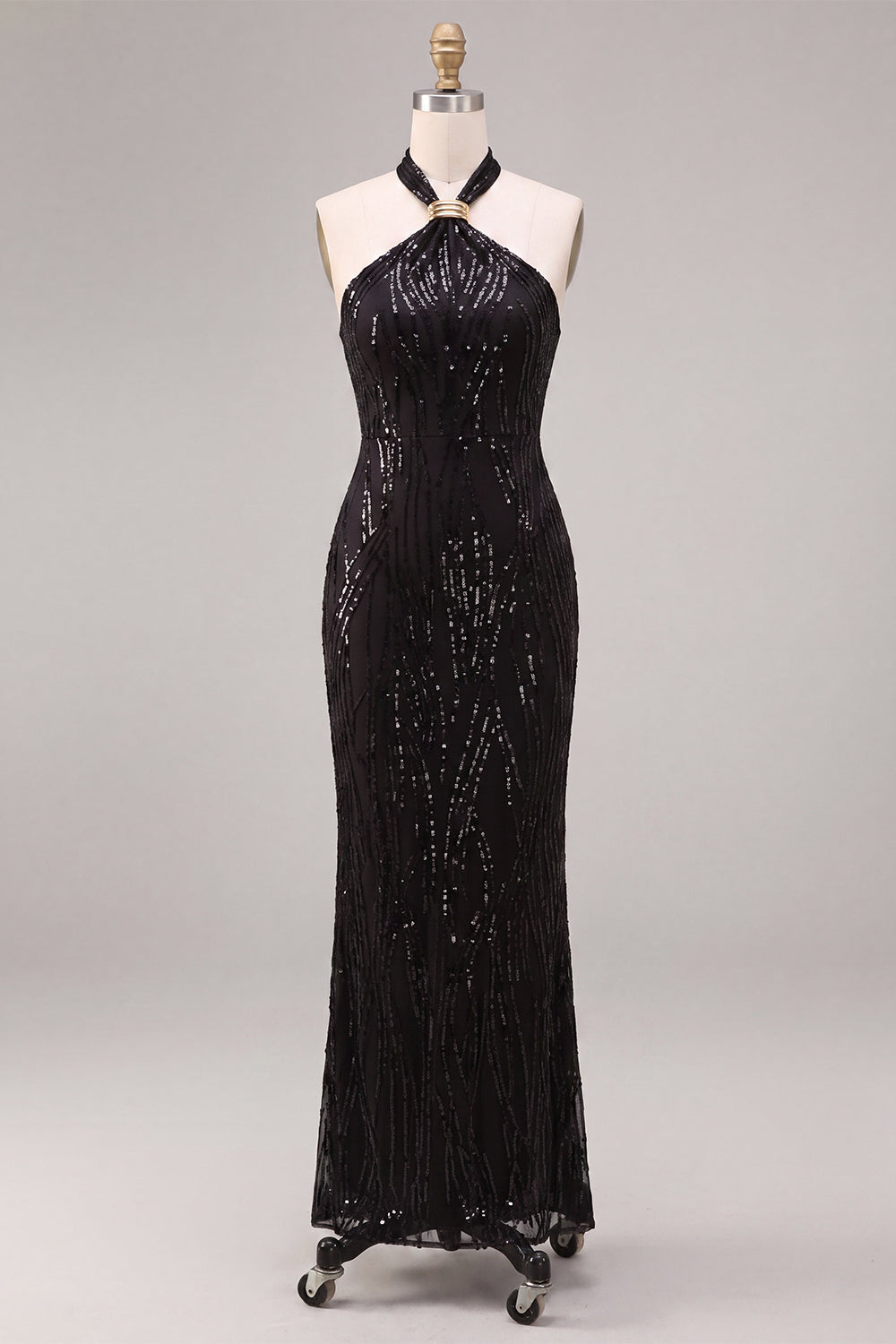 Black Mermaid Sparkly Sequin Halter Long Formal Dress
