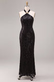 Black Mermaid Sparkly Sequin Halter Long Formal Dress
