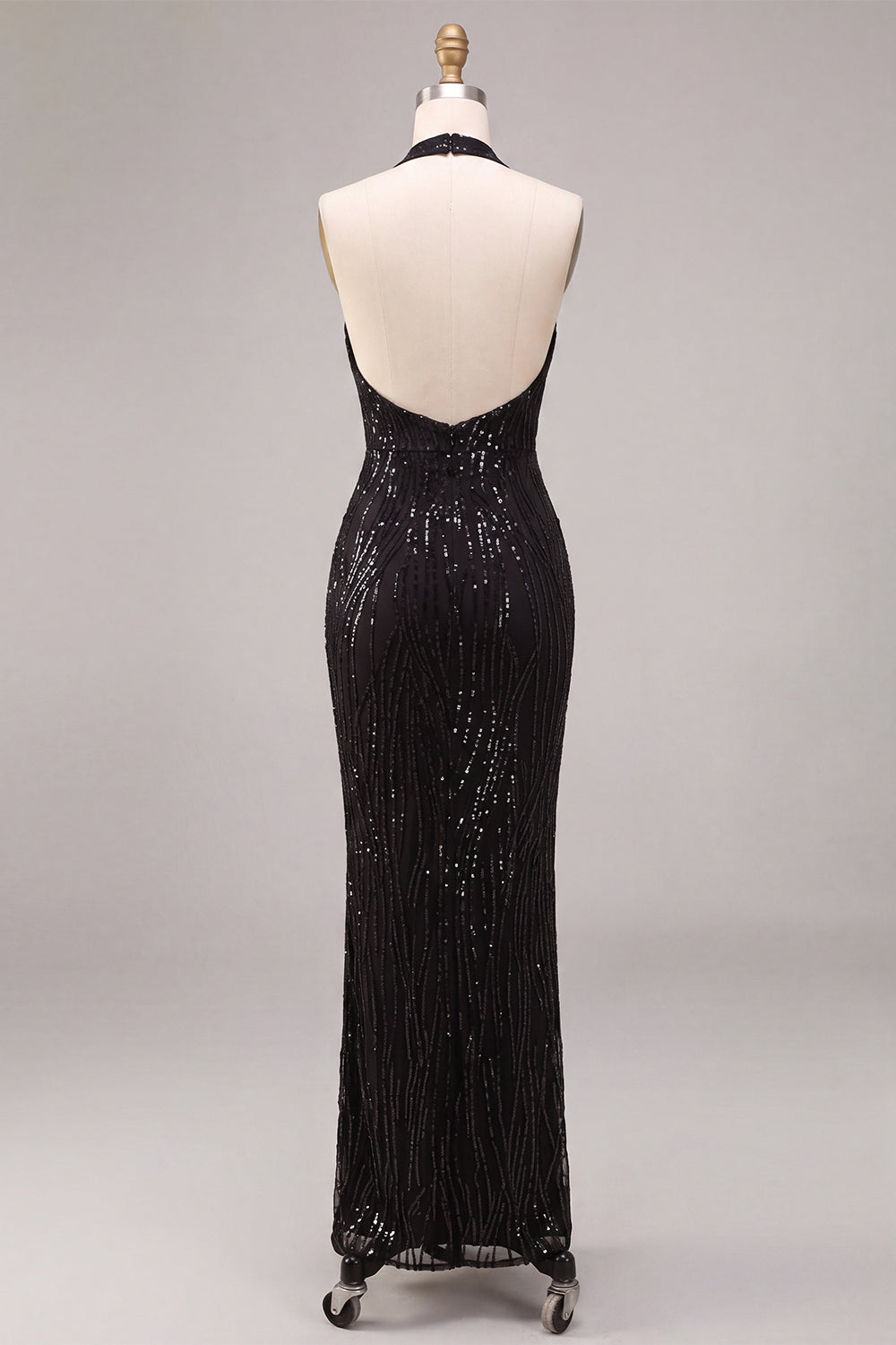 Black Mermaid Sparkly Sequin Halter Long Formal Dress